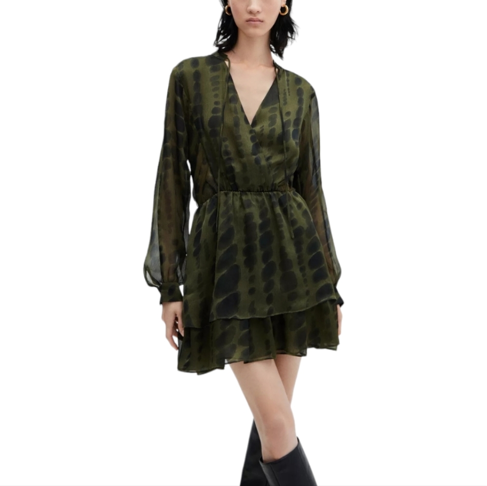 Mango Olive Green & Black Patterned Long-Sleeve Mini Dress